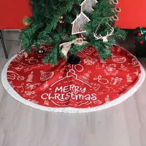 Red Christmas Tree Skirt 45 Inch Large Round Tree Mat With White Tassels Merry Christmas Reindeer Print For Xmas Decor