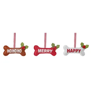 Set of three bone-shaped felt Christmas tree ornaments in brown, red and grey colors