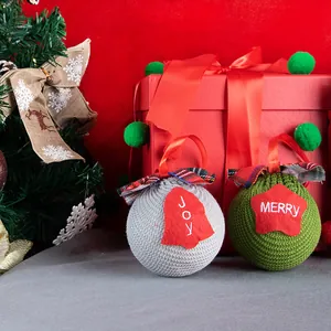 Knitted Christmas balls set with Joy and Merry embroidery and plaid bows for tree decor