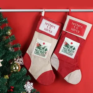 Large Burlap Christmas Stocking Letters To Santa Reindeer Pocket Hanging Ornament Xmas Tree Gift Bag Decoration Red Beige