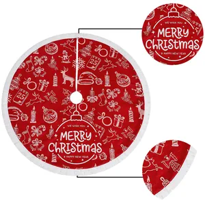Red Christmas tree skirt with reindeer snowmen prints and white tassel edges