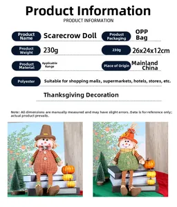 Detailed spec sheet for Thanksgiving scarecrow doll showing material, weight and size info