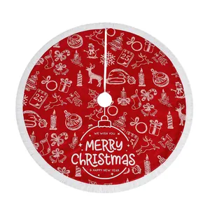 Red Christmas tree skirt with white tassels and festive hand-drawn holiday patterns