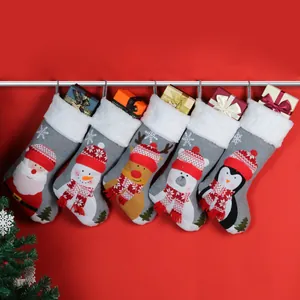 Large Christmas Stockings Gray Felt Xmas Gift Bag With Faux Fur Trim Santa Snowman Reindeer Penguin Bear Hanging Ornament