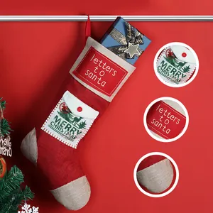Classic burlap Christmas stocking with Letters to Santa pocket and reindeer reindeer pattern