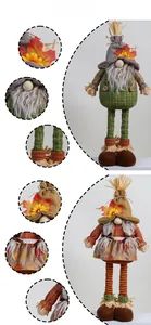 Detailed view of autumn gnome dolls with maple leaf patterns and raffia straw textures