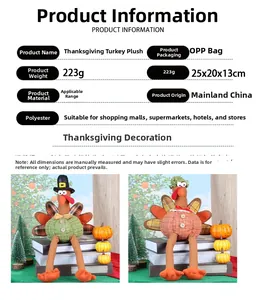 Detail of harvest turkey plush dolls showing sizes and weight for home autumn decoration