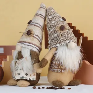 Coffee-themed gnome plush ornaments with knitted hats and coffee bean details