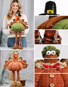 Detail of plush Thanksgiving turkey doll showing corduroy texture and pilgrim hat craftsmanship