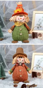 Macro detail of plush harvest gnomes with autumn plaid patterns and sunflower accents