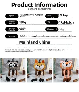 Detail specifications of raccoon and fox pumpkin dolls with long striped hanging legs