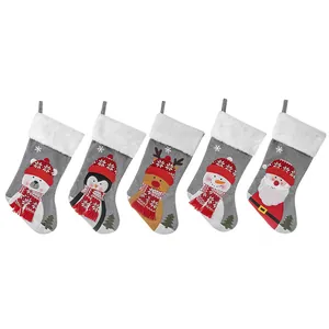 Set of 5 grey felt Christmas stockings with polar bear, penguin and reindeer characters