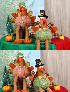 Detail of plush Thanksgiving turkey dolls with long legs and pumpkin hats on wood background