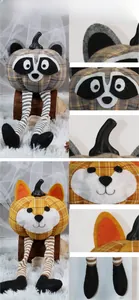 Detail showing plush fox and raccoon dolls with pumpkin bodies and long striped legs