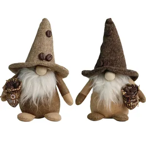 Zweiteiliges Set Kaffee-Gnome Plüschfiguren mit braunen Jutegeschirrhüten zur Dekoration