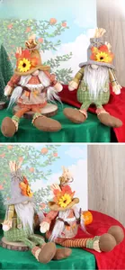 Detail of fall harvest gnomes featuring sunflowers, maple leaves, and long hanging legs