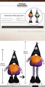 Detail view of telescopic Halloween gnome showing dimensions 44-56cm with spider web design
