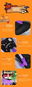 Detail van Halloween cadeauzakje met gestreepte benen, paarse laarzen en Booo-patroon
