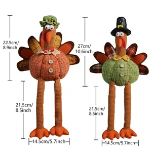 Tableau des tailles détaillé pour deux poupées dindes de Thanksgiving à longues jambes