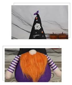 Detail of Halloween gnome hat with spider web pattern and Boo text embroidery
