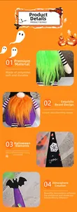 Dettaglio dello gnomo di Halloween con barba di peluche e cappello con ragnatele