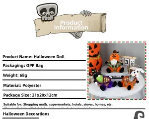 Detail of Halloween woven baskets with plush pumpkin, black cat and ghost doll decorations