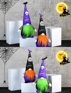Detail of Halloween gnome plush dolls with spider and boo motifs on pointed hats