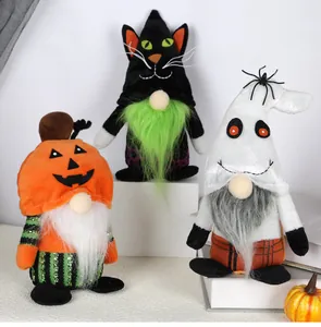 Three-piece Halloween gnome plush set featuring pumpkin, black cat, and ghost designs