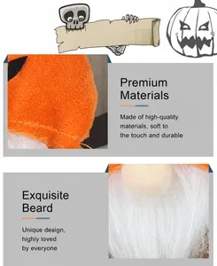 Detail of plush orange fabric and long white faux fur beard on Halloween gnome