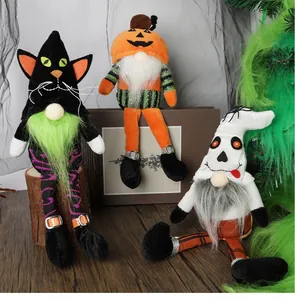 Three plush Halloween gnomes featuring black cat, pumpkin, and skull themes with long legs