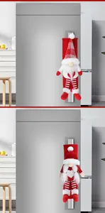Close-up of Christmas gnome refrigerator handle covers with plush festive decorations