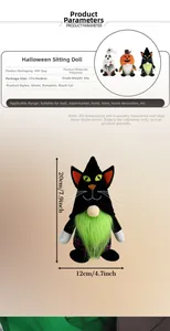 Detailed Halloween gnome plush set specifications showing pumpkin, ghost and cat styles