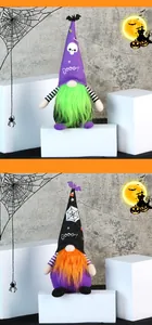 Detail of Halloween gnome plush decorations with spider web and skull hat motifs