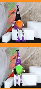 Dettaglio di gnomi di Halloween in peluche con lunghe gambe a righe e ricami sul cappello