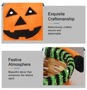 Close-up of Halloween pumpkin decor showing plush fabric texture and woven basket detail