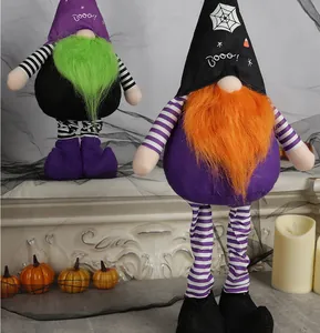Detail of Halloween faceless gnomes with purple and black hats and Boo embroidery