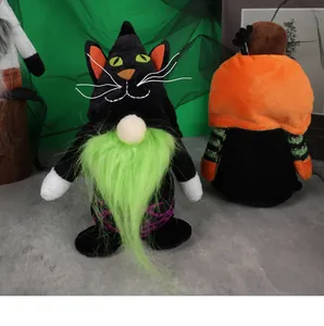 Close-up of Halloween cat gnome plush with long green beard and soft black velvet fabric