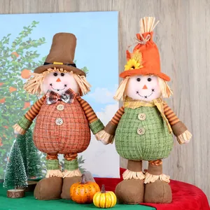 Pair of telescopic sunflower scarecrow dolls with plaid hats for Thanksgiving decor
