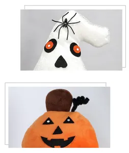 Detail of plush Halloween gnome dolls featuring ghost with spider and pumpkin designs
