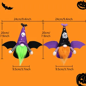 Detailed view of Halloween gnomes with bat wings and festive patterned hats decoration