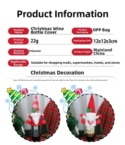 Detail view of festive gnome wine bottle covers in red and green plaid for Christmas decor