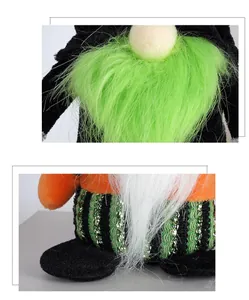 Macro shot of Halloween gnome detail featuring green faux fur beard and sequined striped pants