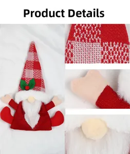Close-up of knitted Christmas gnome wine bottle cover with red plaid hat details