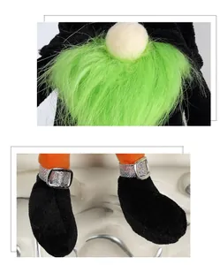 Detail of Halloween gnome featuring green faux fur beard and orange knitted long legs with buckled shoes