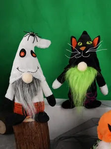 Detail of Halloween gnome plush dolls featuring ghost spider and black cat designs
