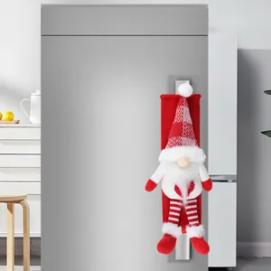 Christmas gnome refrigerator handle covers in red and white knit for holiday kitchen decor