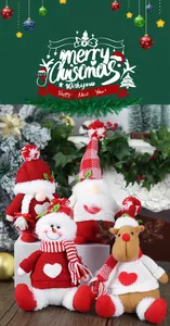 Close-up of plush Christmas figurines including gnomes, snowman and reindeer on a mantel