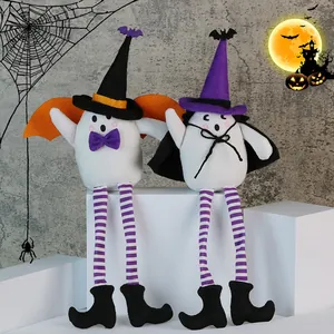 Halloween Ghost Plush Doll Long Striped Legs Polyester Ornament Cute Wizard Hat With Wings Cape Festive Home Party Decoration