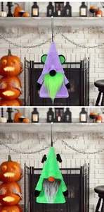 Close-up of purple and green Halloween plush gnomes with long beards and hanging strings