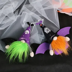 Set of two Halloween plush gnomes with bat wings and skull patterns for party decor